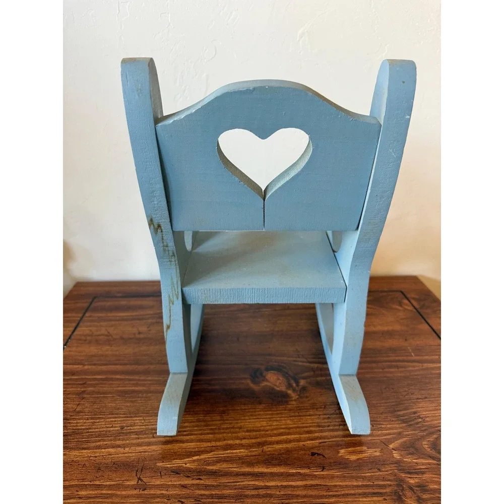 Vintage Blue Small Rocking Chair with Heart Cut Out Cottagecore Design